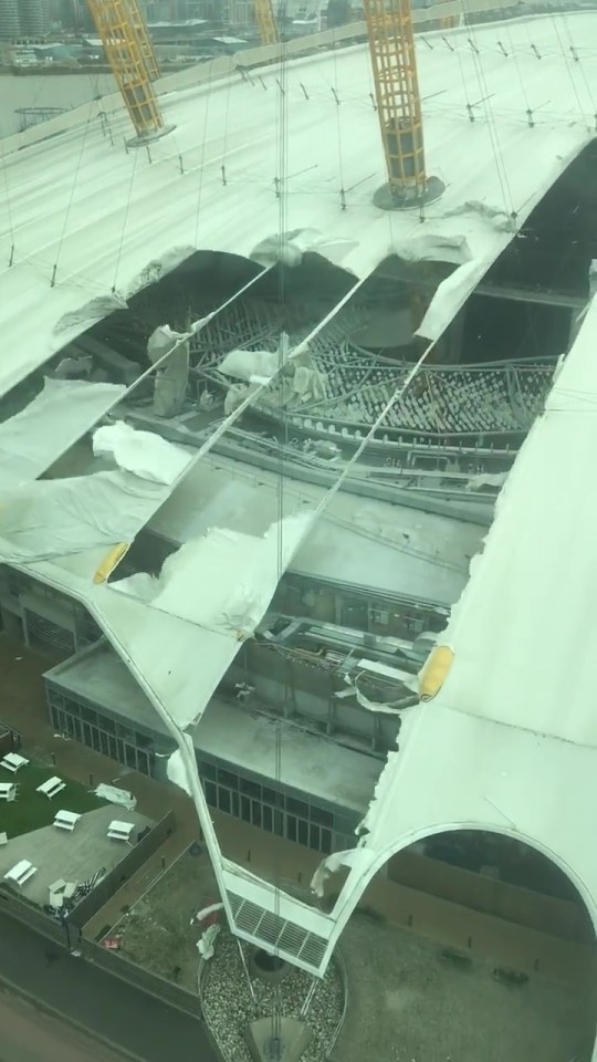 Part of the O2's roof has been ripped off in the raging winds