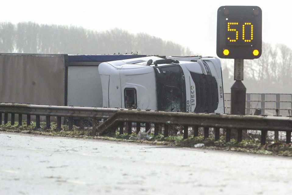 Two lorries were blown over by gales on the M4 in Wales yesterday morning