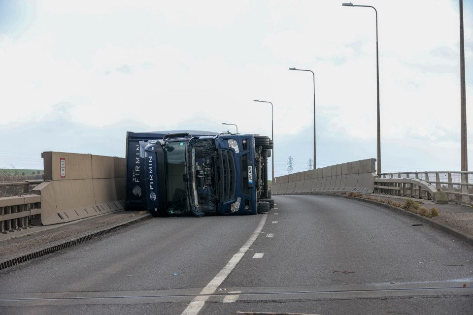 Two lorries blown over by the storm in Sheppey, Kent