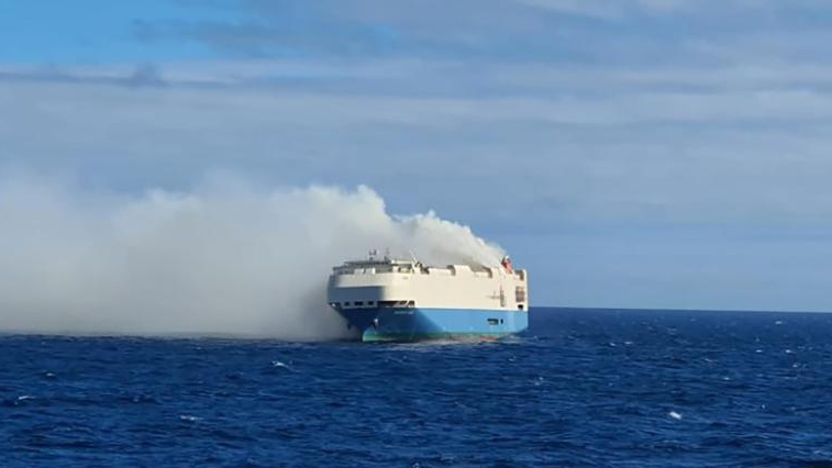 The 650-feet-long vessel caught fire in the Atlantic Ocean yesterday