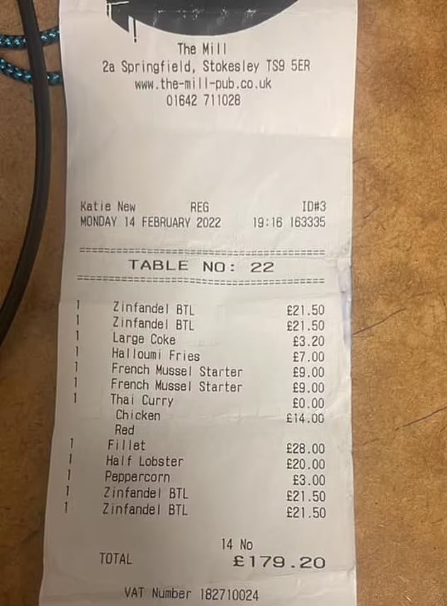 An anonymous woman finally returned the next day after the pub owners shared an image of the receipt - which included four bottles of wine - on Facebook