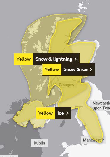 A slew of yellow weather warnings - including one for rare 'thundersnow' - are in place today