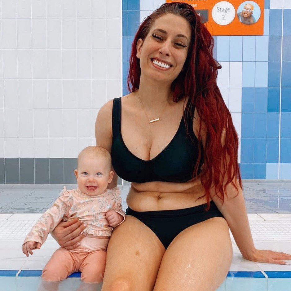 Stacey Solomon posed with Rose as the youngster's first swim