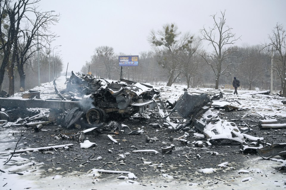 A destroyed Russian army vehicle in Kharkiv