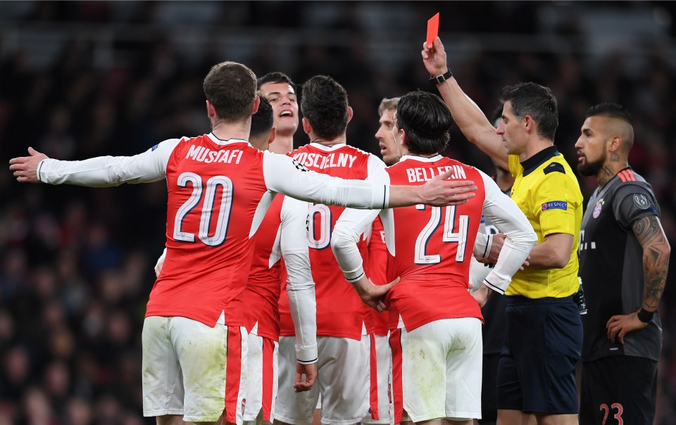 Laurent Koscielny was sent off as Arsenal were whacked 5-1 at home to Bayern