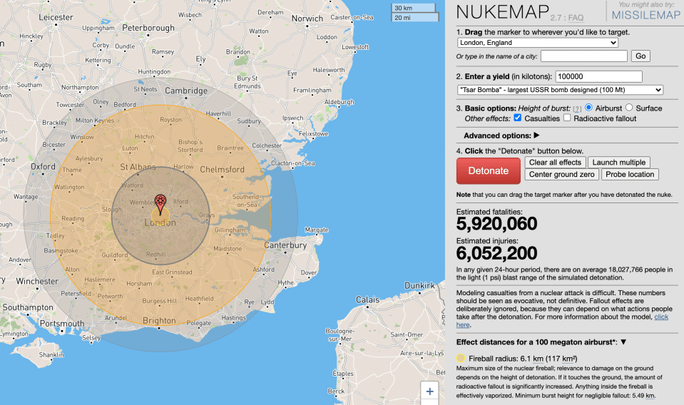 Tsar Bomba would kill around 5.9million if dropped on London