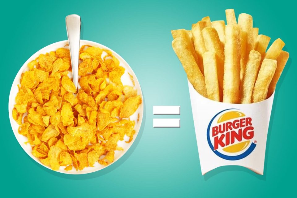 Kellogg’s cornflakes (30g) has 0.34g salt whereas Burger King's small fries has 0.3g salt