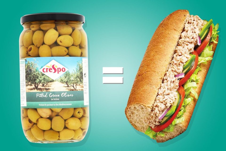 30g serving of Crespo Pitted Green Olives contains 0.66g salt but a Subway classic tuna sandwich has 0.67g salt