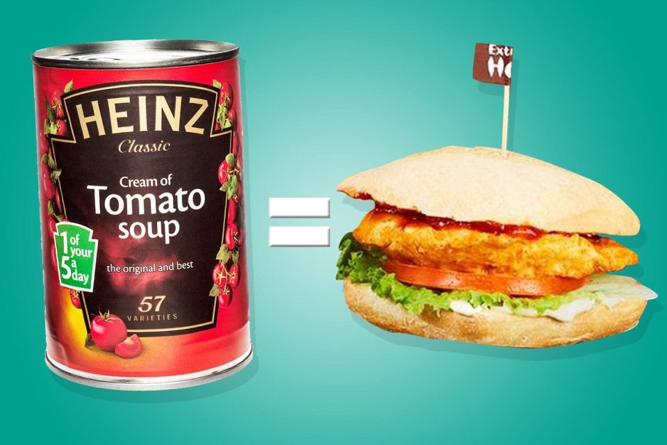 400g can Heinz cream of tomato soup: 2.2g salt and Nando’s grilled chicken burger: 2.2g salt