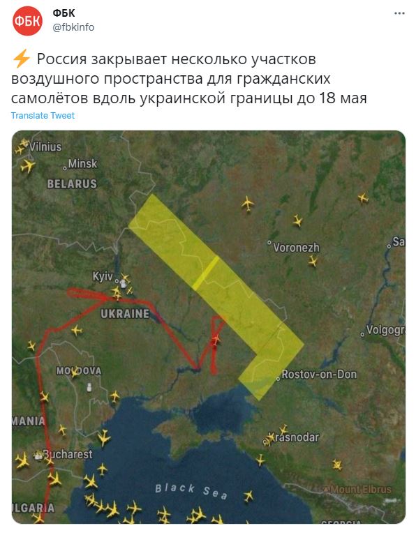 Russia has issued a no-fly zone over its 2,000km border with Ukraine