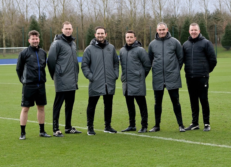 Frank Lampard, third left, has revealed his Everton coaching team, left to right, Chris Jones, Duncan Ferguson, Joe Edwards, Paul Clement and Alan Kelly