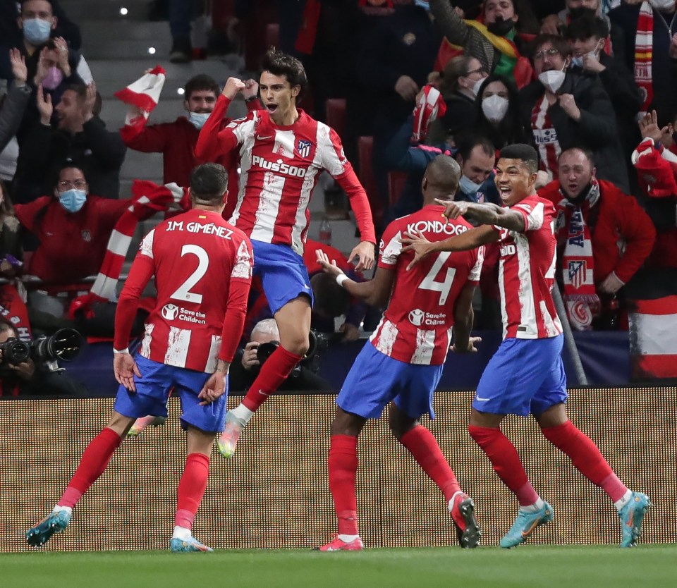 Felix joins his team-mates in celebrating the first goal of the tie