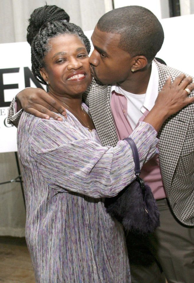 The rapper kissing mum Donda on the cheek after album The College Dropout's success in 2004