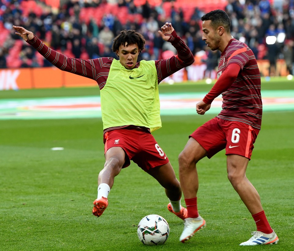 Trent Alexander-Arnold and Thiago in Liverpool's pre-match warm up