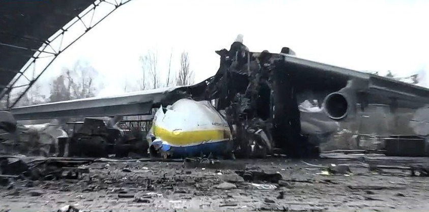 The burnt wreckage of the world's largest plane