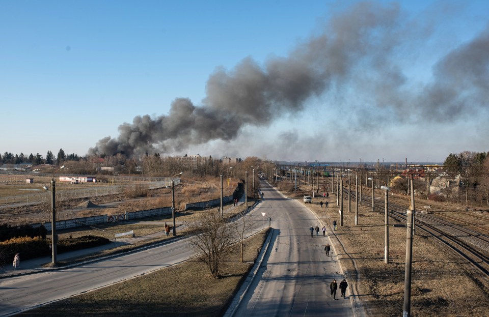 Smoke seen rising from an area close to the airport in Lviv