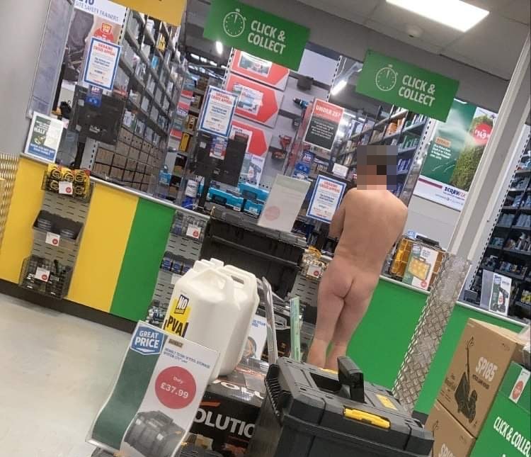 A naked man was arrested after collecting light bulbs from a Screwfix store