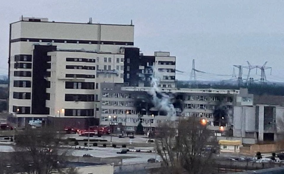 A damaged administrative building of the Zaporizha nuclear power plant after a Russian strike