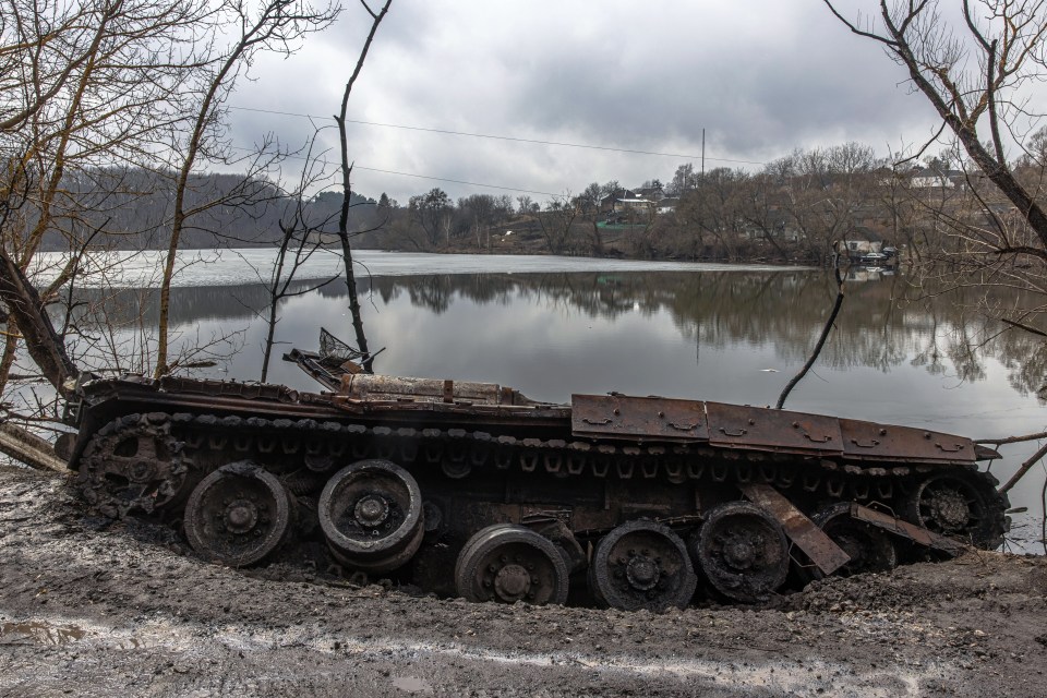 A destroyed Russian tank in Sumy region, Ukraine