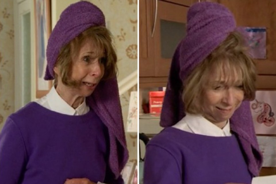 Gail's striking purple towel appeared to be covering bone-dry hair