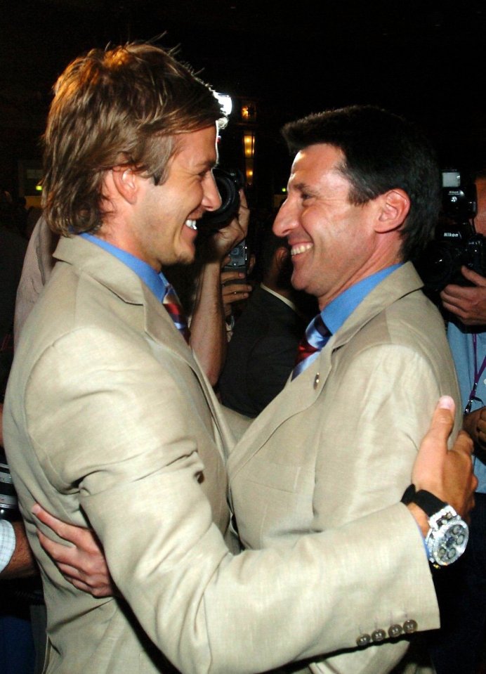 David Beckham and Lord Coe celebrate their winning 2012 Olympic bid