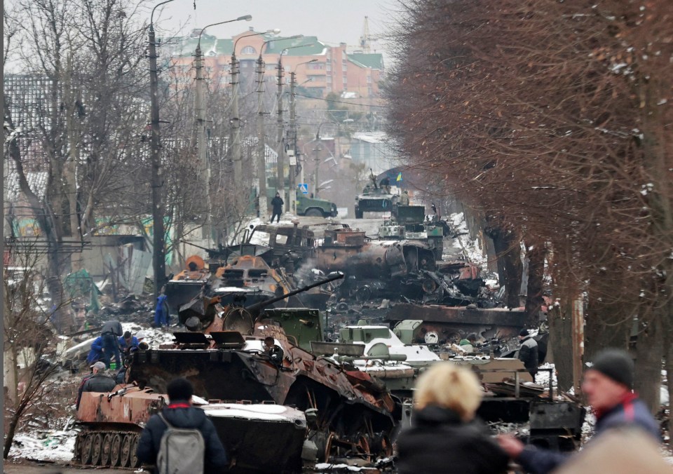 The Russians soon met stiff resistance with this column obliterated on a road near the Ukrainian capital