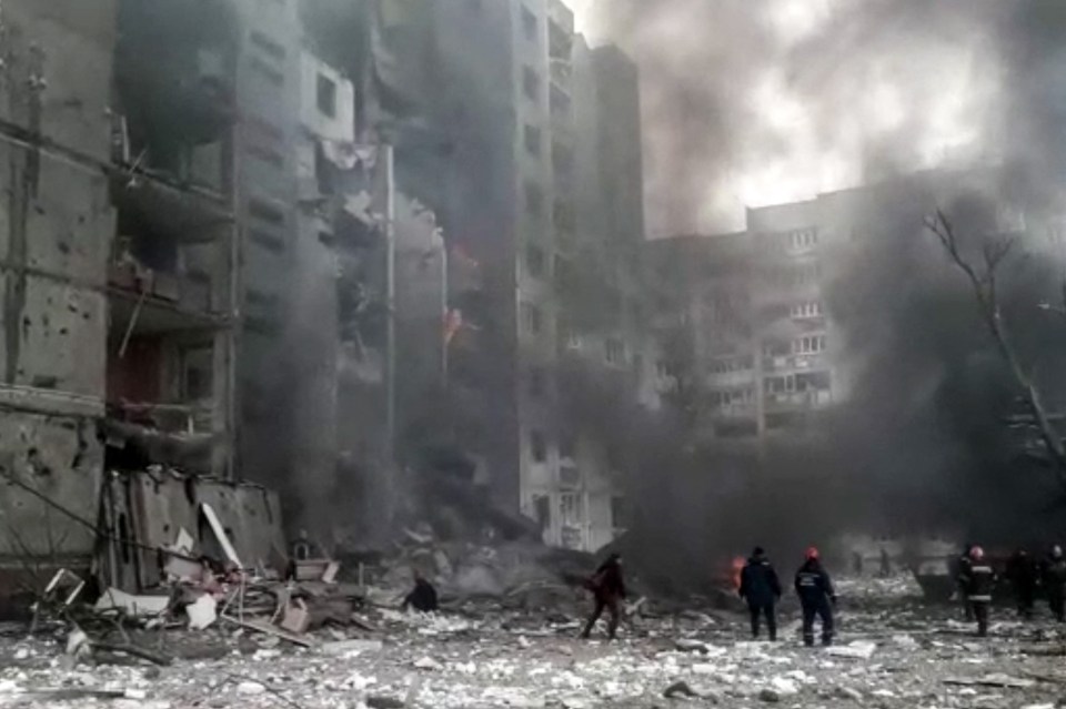 The smouldering remains of an apartment block hit by Russian shelling in Chernihiv