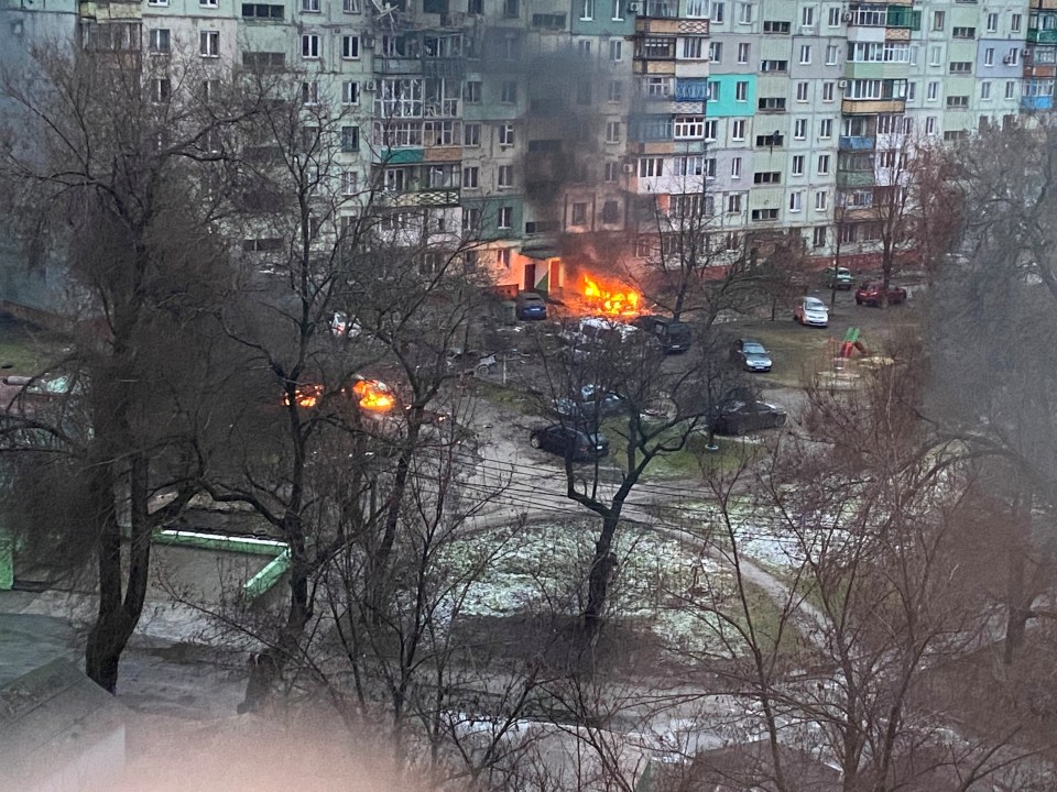 A fire in Mariupol after Russia launched a massive military operation against Ukraine