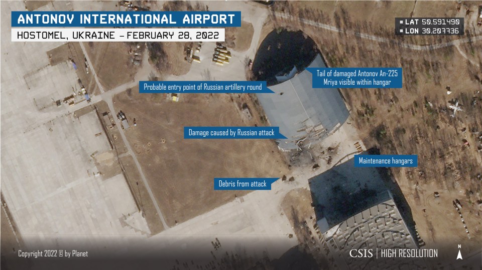 ...while an image on February 28 shows significant damage to the airport's hangars and debris from the attack