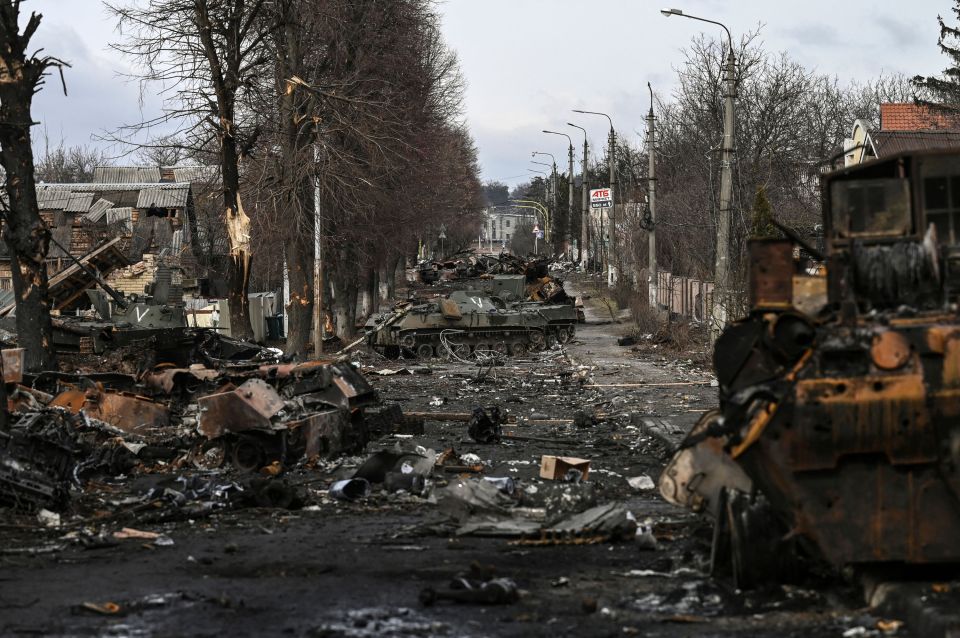 Destroyed and burnt out Russian armored vehicles in the city of Bucha, west of Kyiv