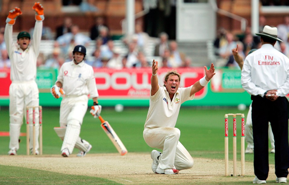 Shane Warne appeals a wicket in a test match against England at Lords in 2005