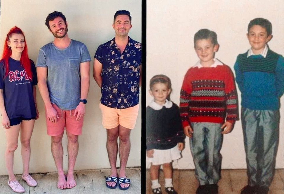 Dianne (right), Brendan (middle) and Andrew recreated this retro childhood snap