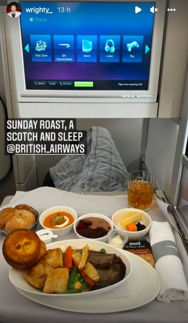 He enjoyed a roast dinner during the long flight