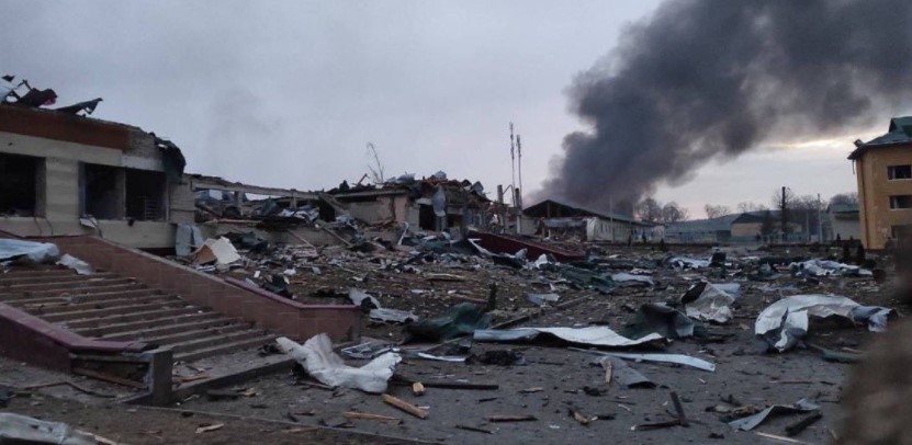 Picture reportedly shows smoke rising from the Yavoriv military training ground after it was struck by Russian forces