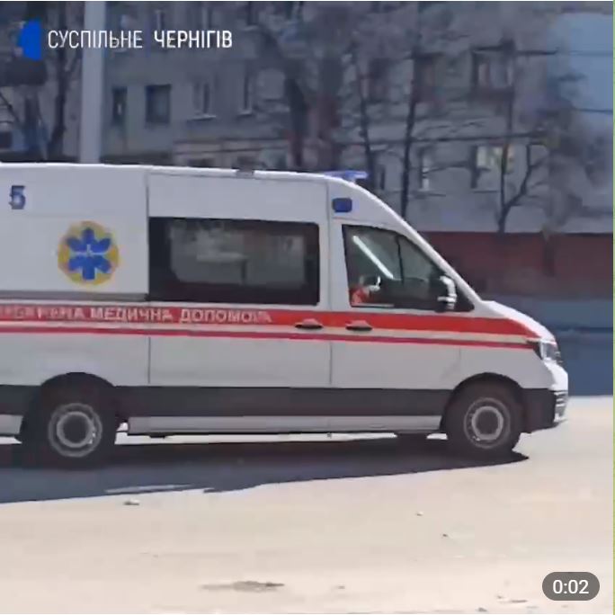 Footage shows emergency vehicles screeching to the scene in Chernihiv