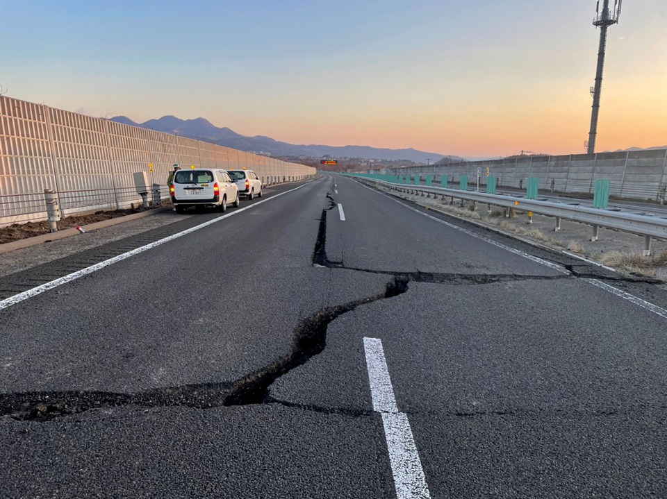 The quake caused cracks in the tarmac on a highway in Shiroishi