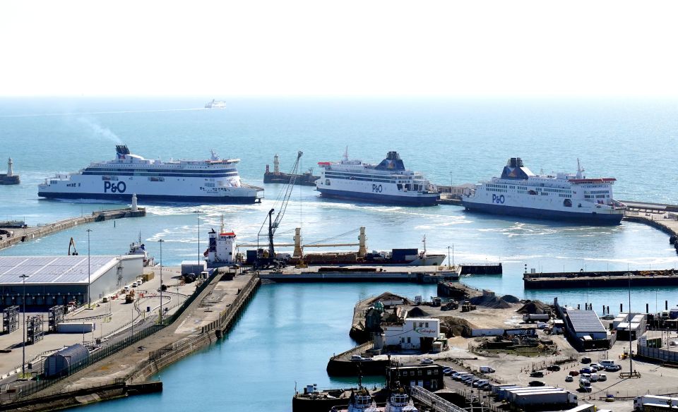 Three P&O ferries, Spirit of Britain, Pride of Canterbury and Pride of Kent moor up in the cruise terminal at the Port of Dover in Kent