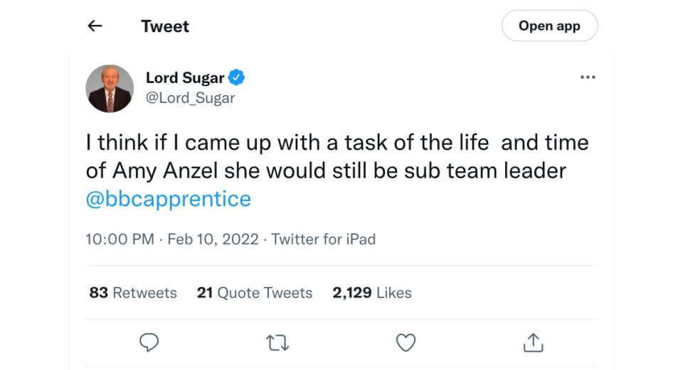 A friend said: 'When Lord Sugar posted his tweets, she thought they were nasty, hurtful and insulting and told them so in an email'