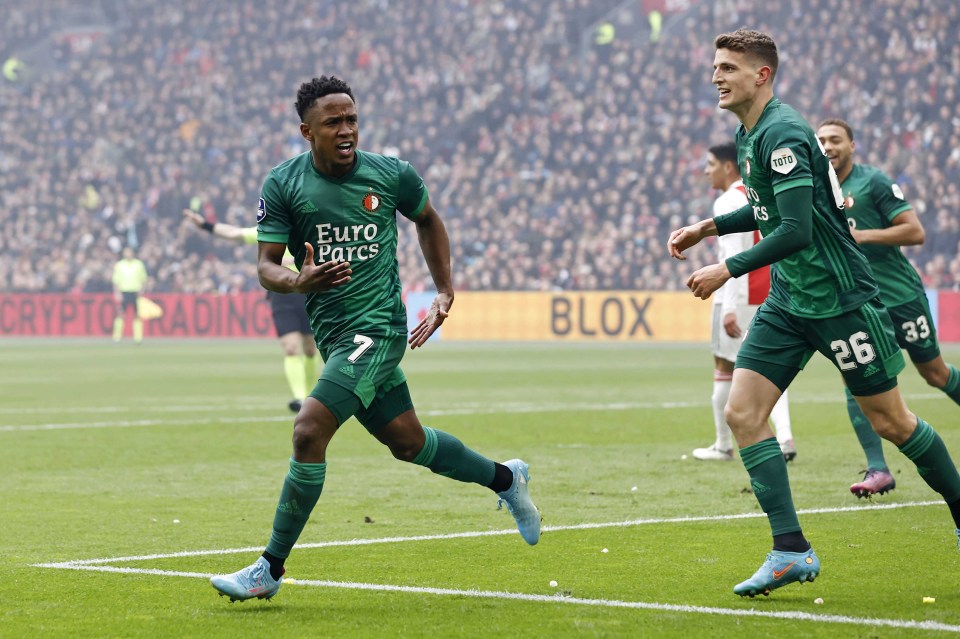 Sinisterra, 22, celebrates his recent goal against Ajax