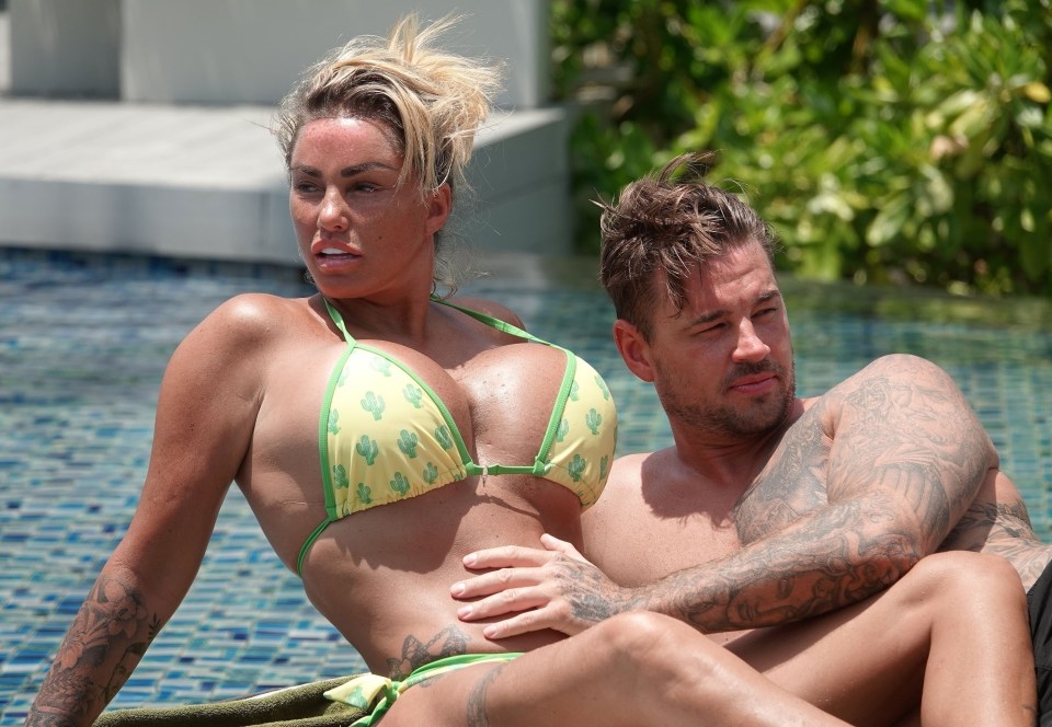 Katie Price relaxed by the pool with fiance Carl Woods after her latest boob op