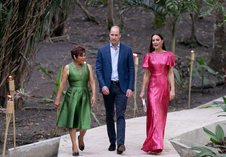 The Cambridges arriving at the reception hosted by the Governor General of Belize Froyla Tzalam at the Mayan ruins at Cahal Pech