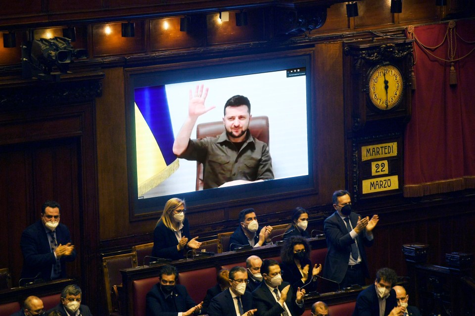 President Zelensky, pictured addressing the Italian Parliament, says Ukraine is on the verge of survival against Putin's barbaric army