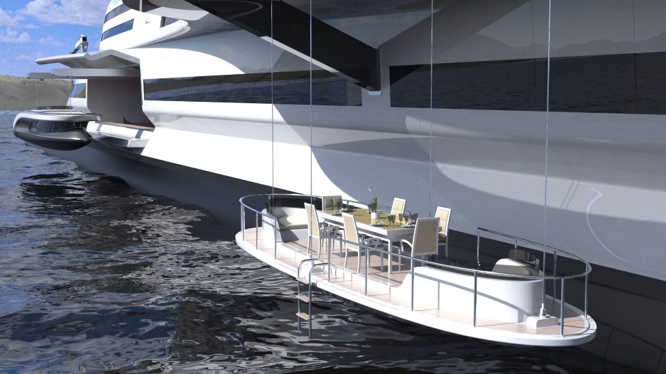 The helipad platforms can be transformed into lounges or dining areas which can be lowered down onto the surface of the water