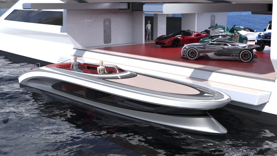 The yacht has an enormous garage with space for up to six cars, as well as two 15m tenders