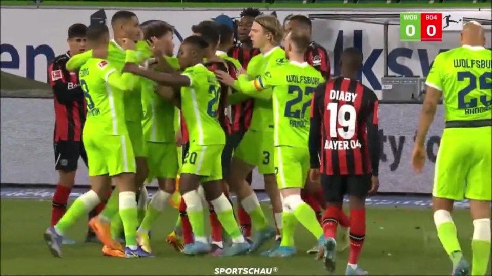 The melee broke out during Wolfburg's clash with Leverkusen