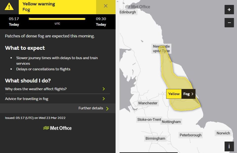 A yellow weather warning for fog was issued this morning