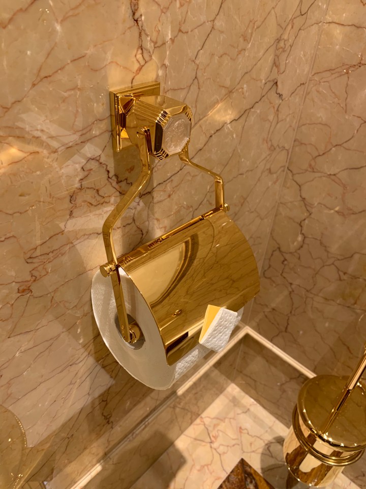 A tasteless gold toilet roll holder is nailed to a marble war in the bathroom