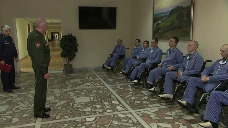 Another clip showed petrified looking solidiers in wheelchairs after returning from the frontline