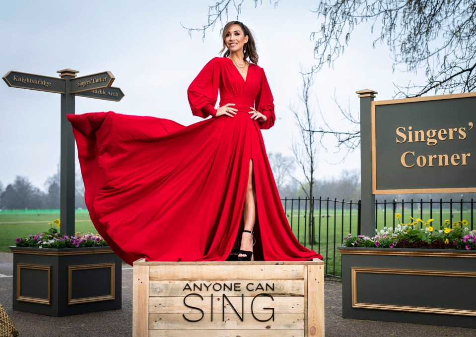 Myleene Klass stunned in a flowing red dress for a shoot as she launched her new TV show Anyone Can Sing