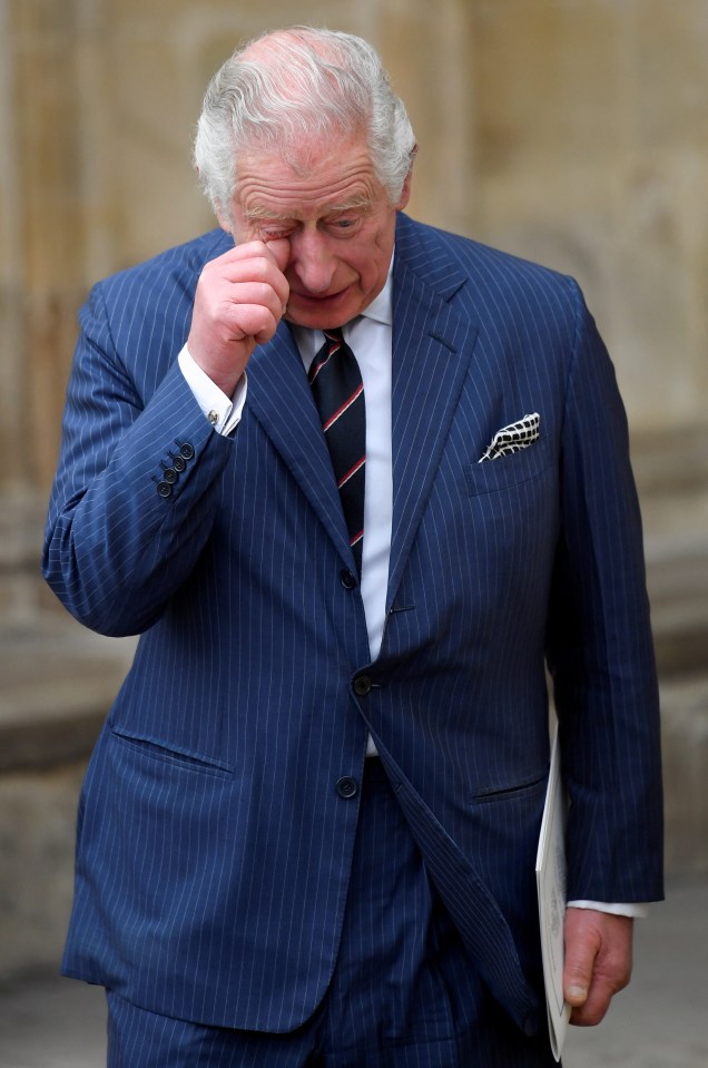 Prince Charles wiped away a tear as he left Westminster Abbey today